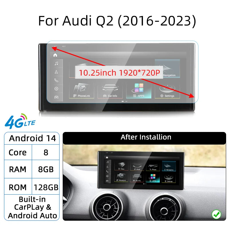 Android 14 CarPlay Doppio Din 10.25" per Audi A1 Q2