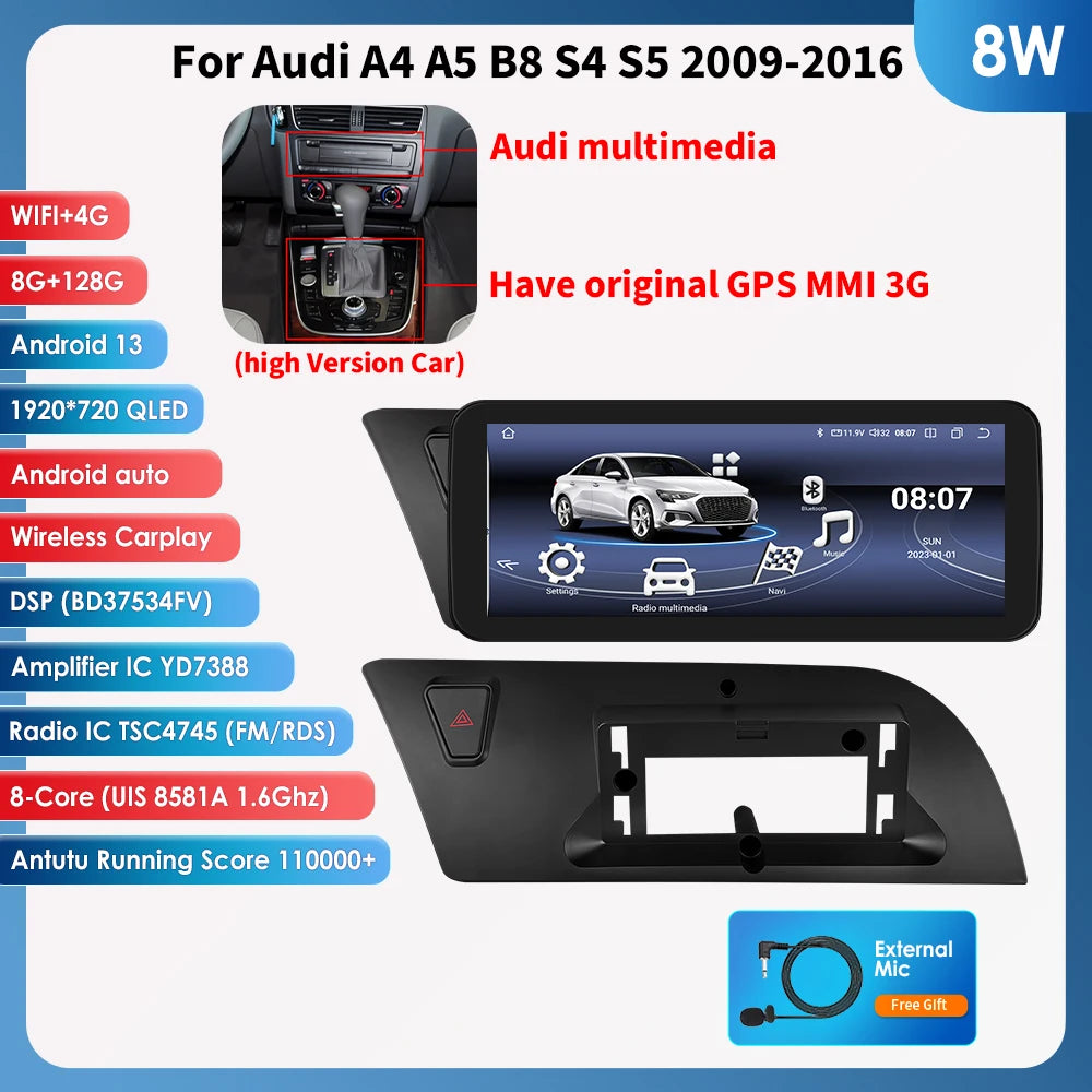 10.25" CarPlay Android 13 Radio for Audi A4 A5 B8 S4 S5 2009-2016