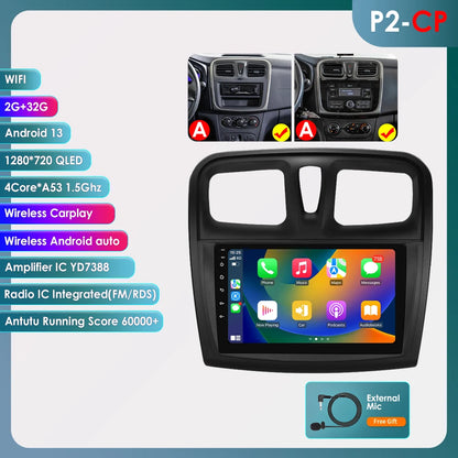 Autoradio 9" Android 13 for Dacia/Renault Logan 2 and Sandero 2012-2019, Multimedia GPS Stereo 4G, Carplay 2 Din