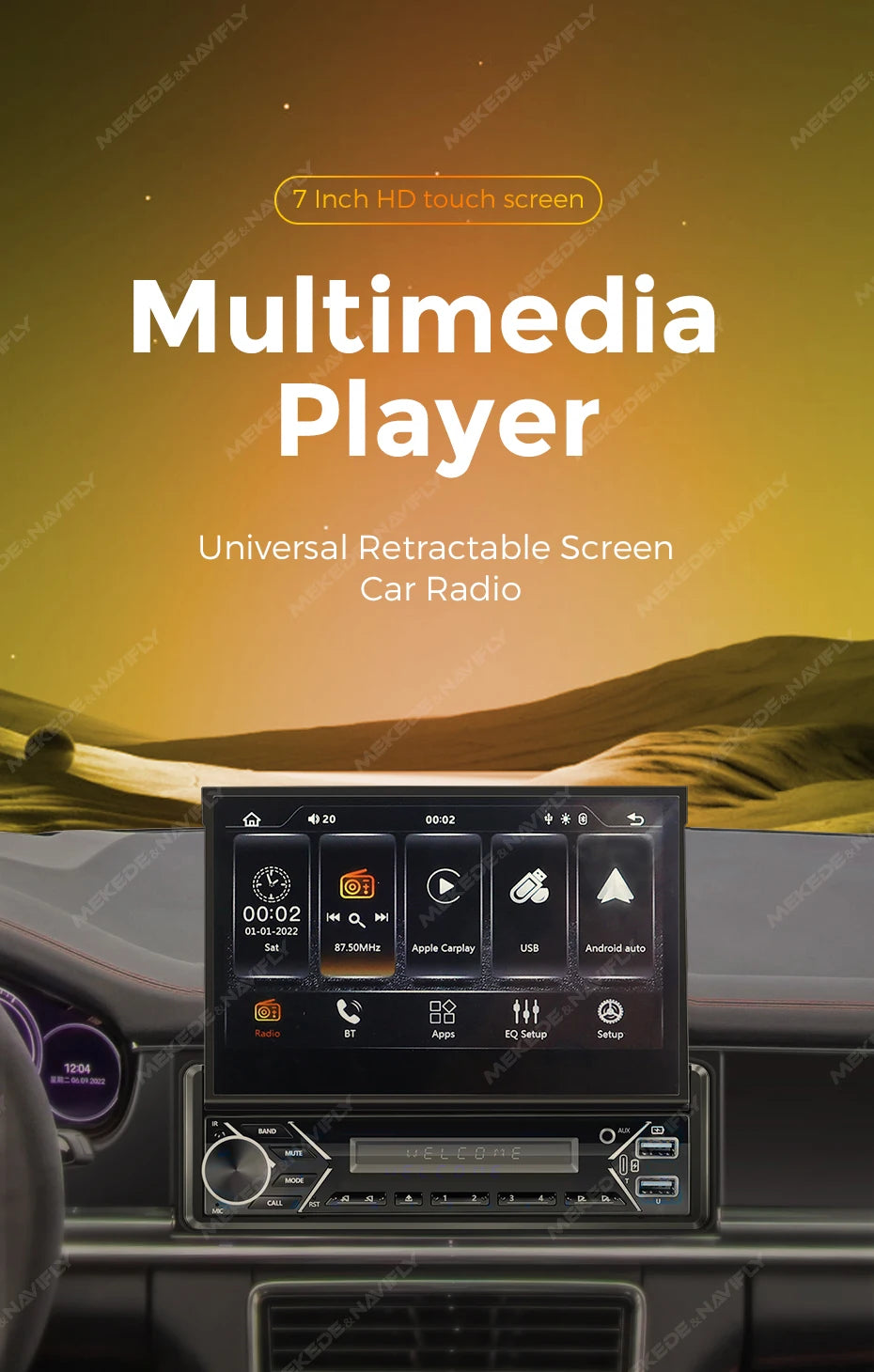 7" Universal Retractable Car Radio, Carplay and Android Auto