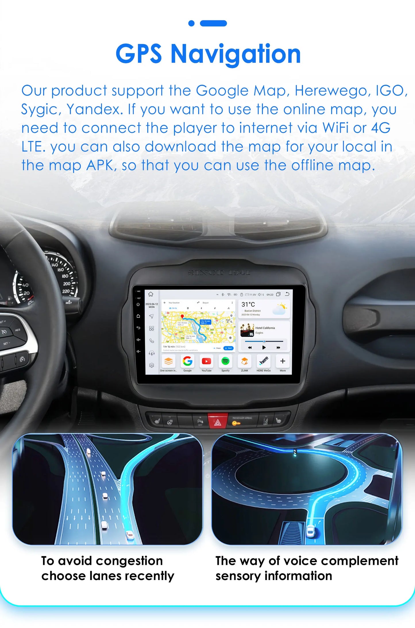 Autoradio 2DIN da 9" con Android 13 per Jeep Renegade 2016-2020
