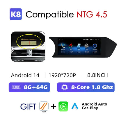Radio Android 14 8.8” 2 Din per Mercedes Classe C W204 2011-2014 – CarPlay, GPS e WIFI