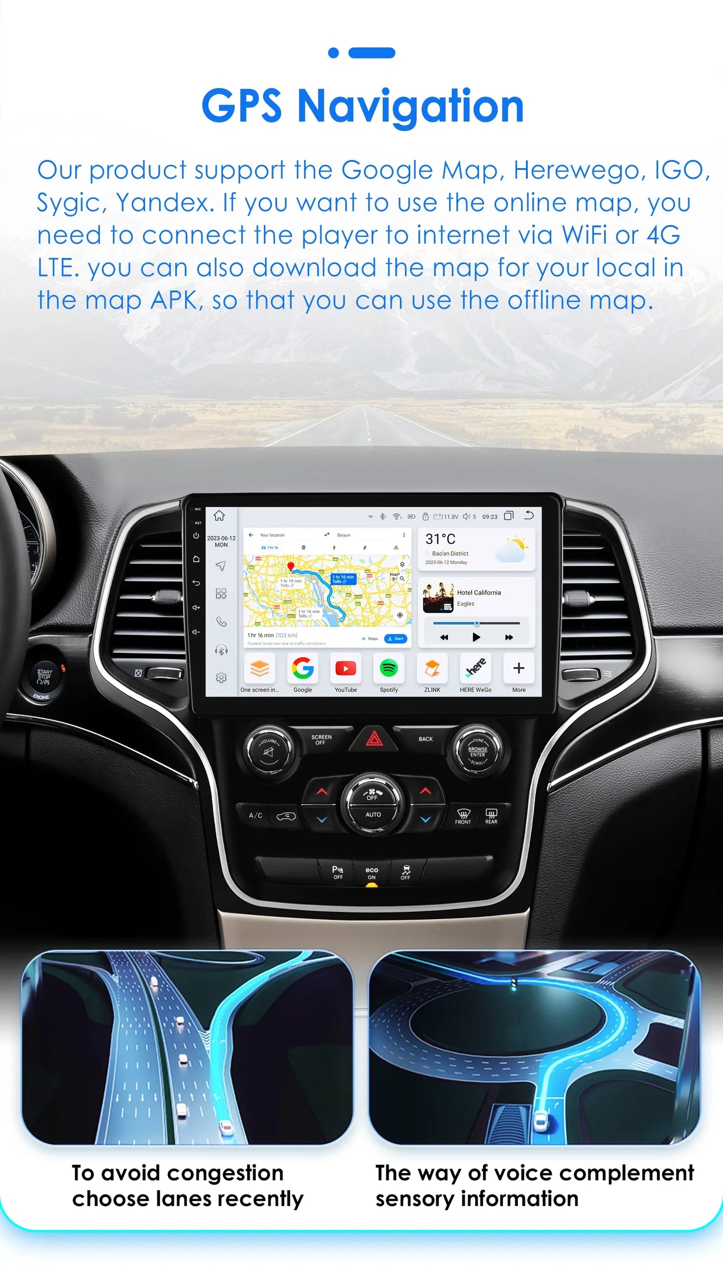 Hizpo 10.1" 2DIN CarPlay Android 13 per Jeep Grand Cherokee 2014-2022