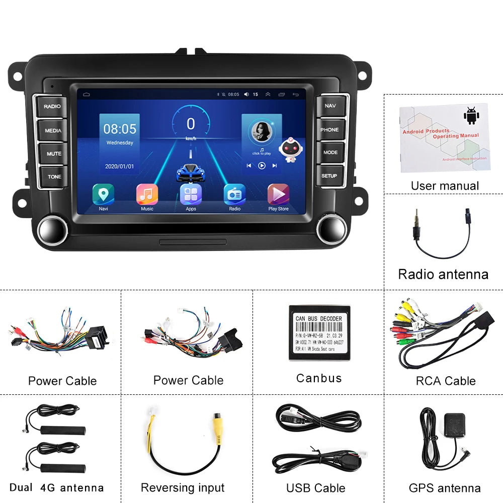 Podofo Android 11 7" 2 Din Car Radio for VW, Skoda and Seat – CarPlay and GPS