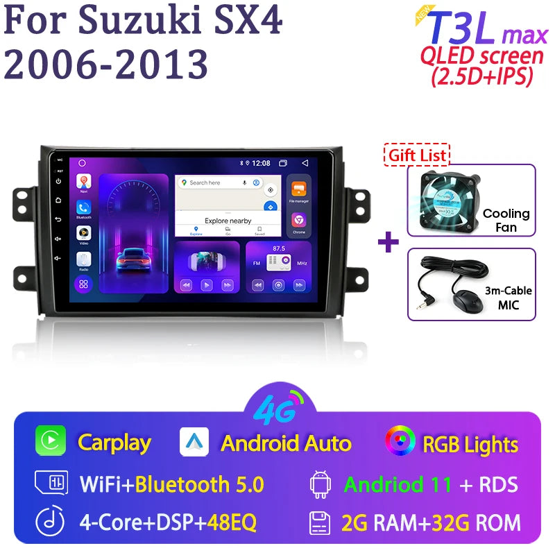 Srnubi 9" Android Autoradio, 2 Din, CarPlay per Suzuki SX4 2006-2014