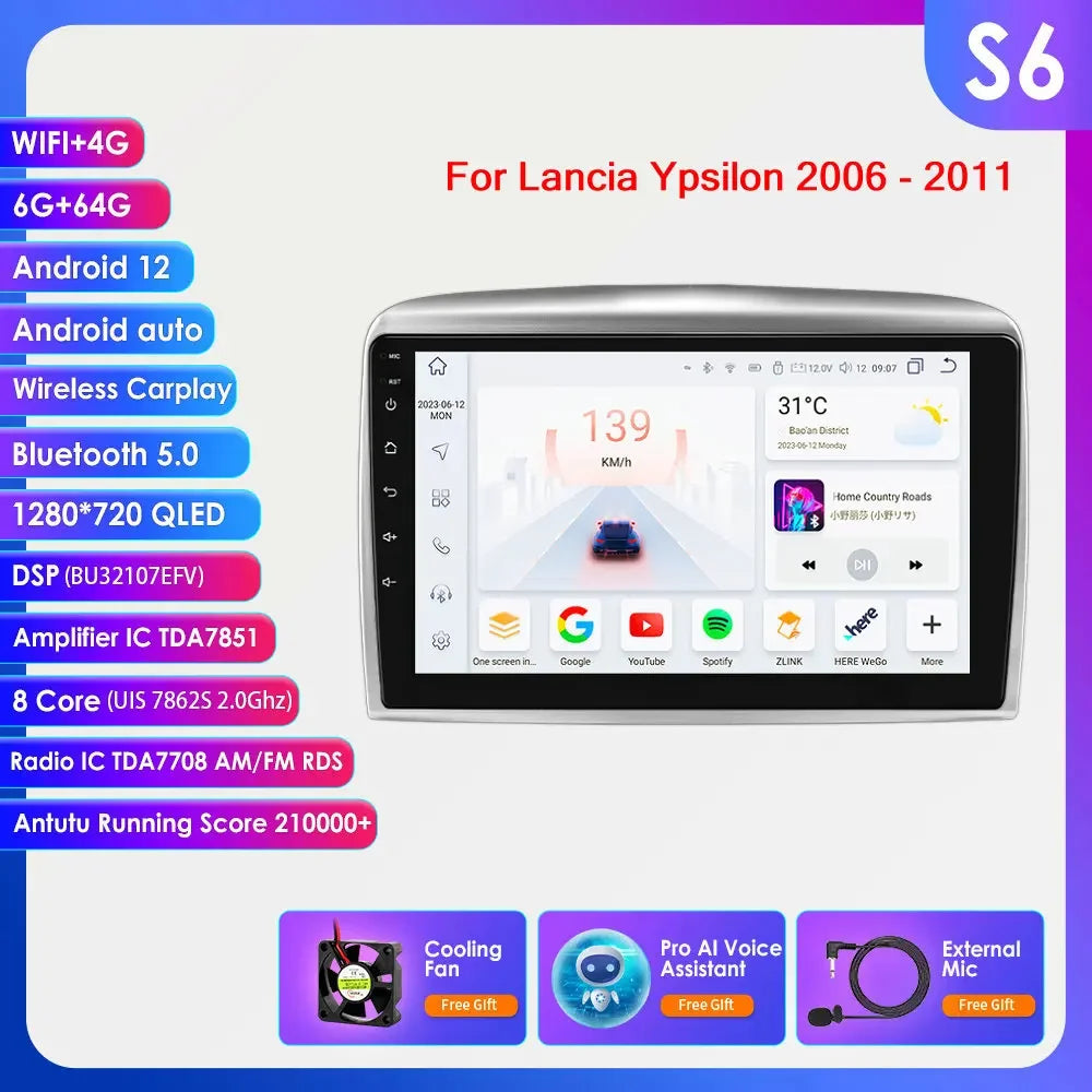 Autoradio 9" 2DIN Android 13 para Lancia Ypsilon 2006-2011