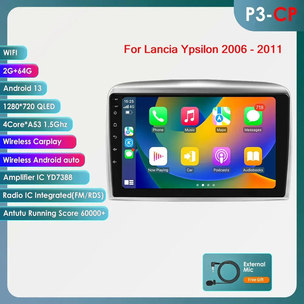 Autoradio 9" 2DIN Android 13 para Lancia Ypsilon 2006-2011