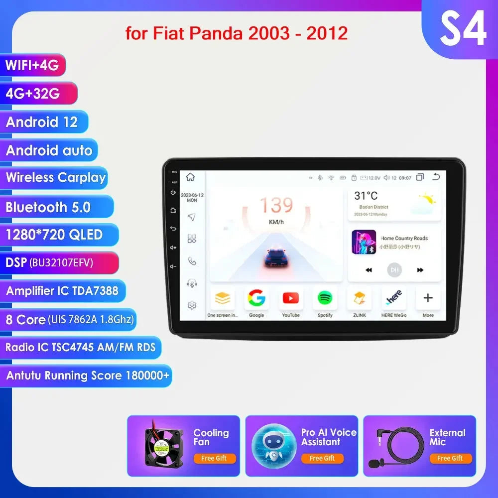 Autoradio GPS Android CarPlay da 9" per Fiat Panda 2003-2012