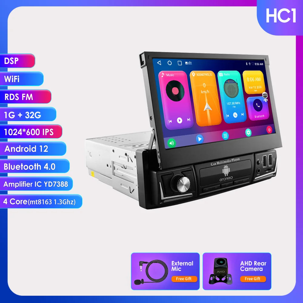 Autoradio 7" Android 1 Din con CarPlay GPS y Pantalla Retráctil