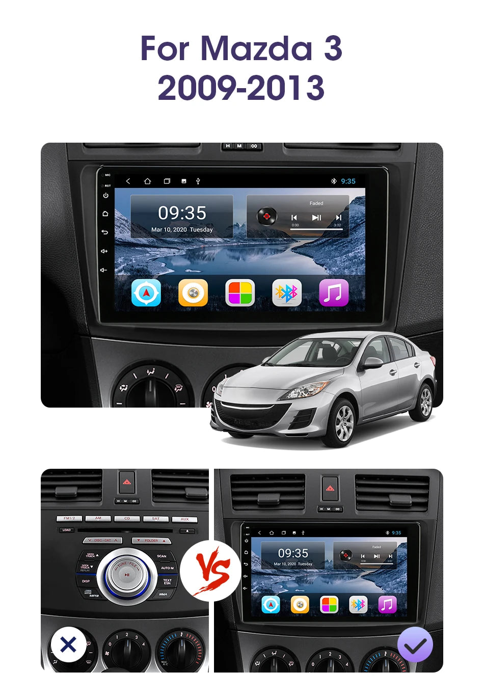 Stereo Mazda 3 2009-2013, 9" Android 12 Double Din, GPS Navigation