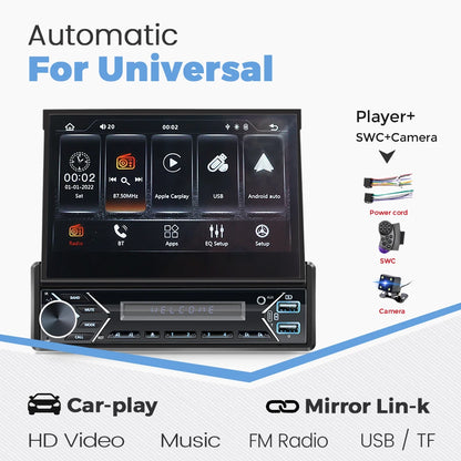 7" Universal Retractable Car Radio, Carplay and Android Auto