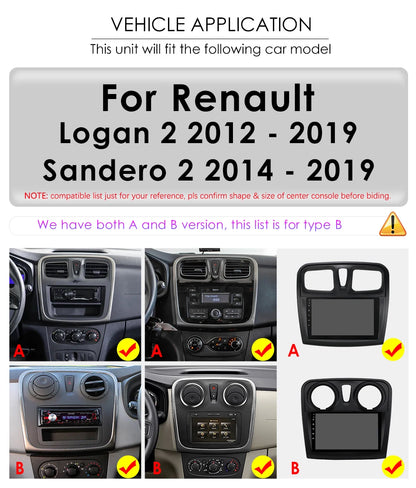 Autoradio 9" Android 13 for Dacia/Renault Logan 2 and Sandero 2012-2019, Multimedia GPS Stereo 4G, Carplay 2 Din