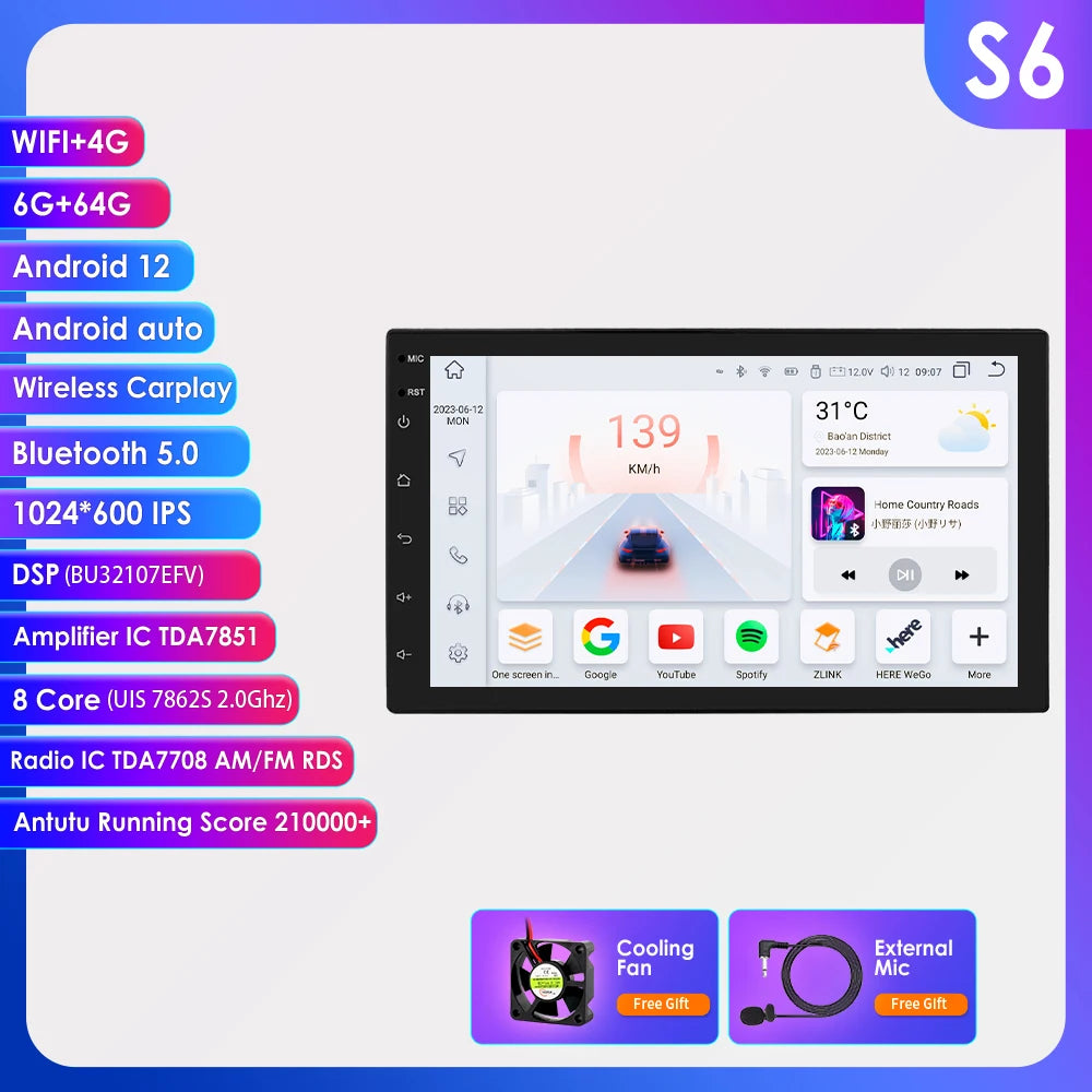 OSSURET 7" 2 Din Android 12 CarPlay Autoradio Universale Autoradio