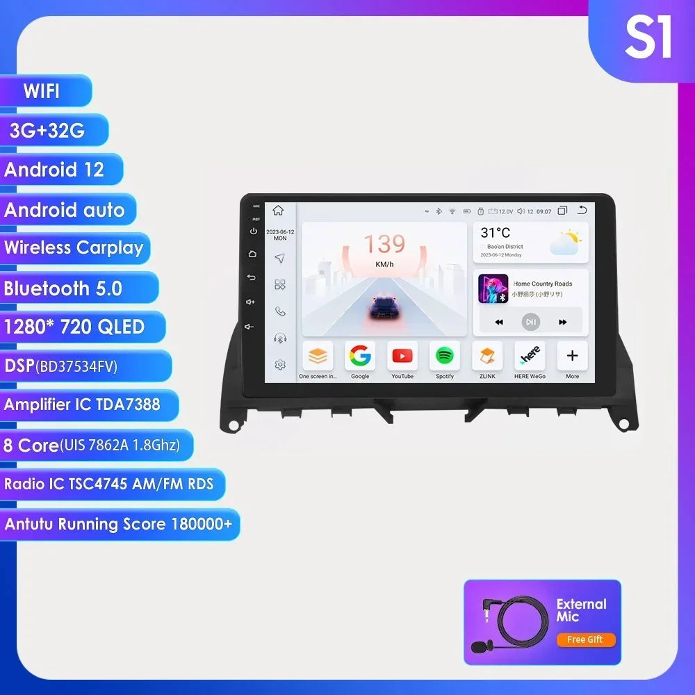 Autoradio 9" 2 Din Android 13 per Mercedes Benz Classe C W204 S204 2007-2010