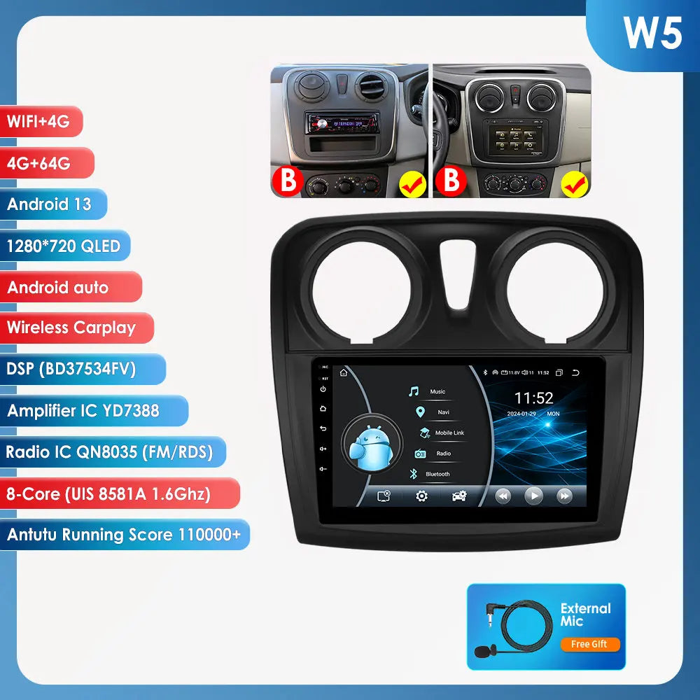 Autoradio 9" Android 13 for Dacia/Renault Logan 2 and Sandero 2012-2019, Multimedia GPS Stereo 4G, Carplay 2 Din