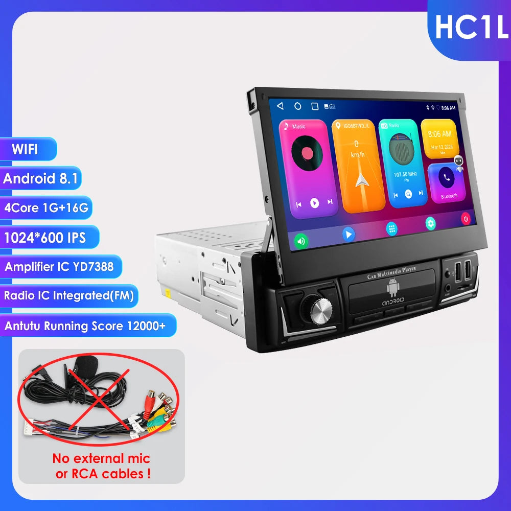 Autoradio 7" Android 1 Din con CarPlay GPS y Pantalla Retráctil