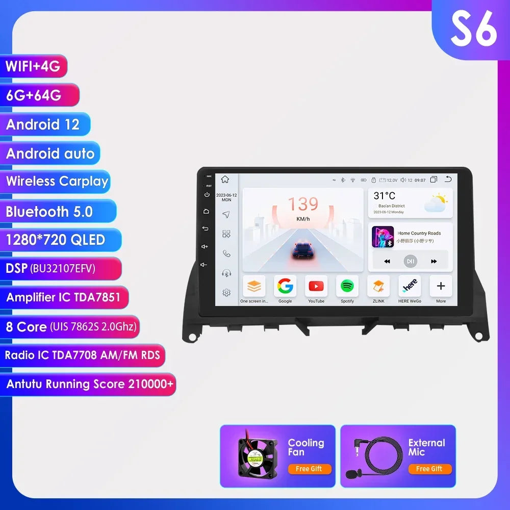 Autoradio 9" 2 Din Android 13 per Mercedes Benz Classe C W204 S204 2007-2010