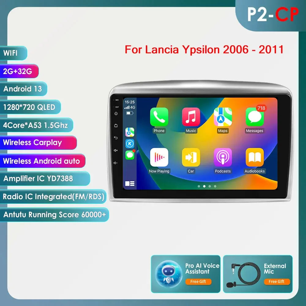 Autoradio 9" 2DIN Android 13 para Lancia Ypsilon 2006-2011