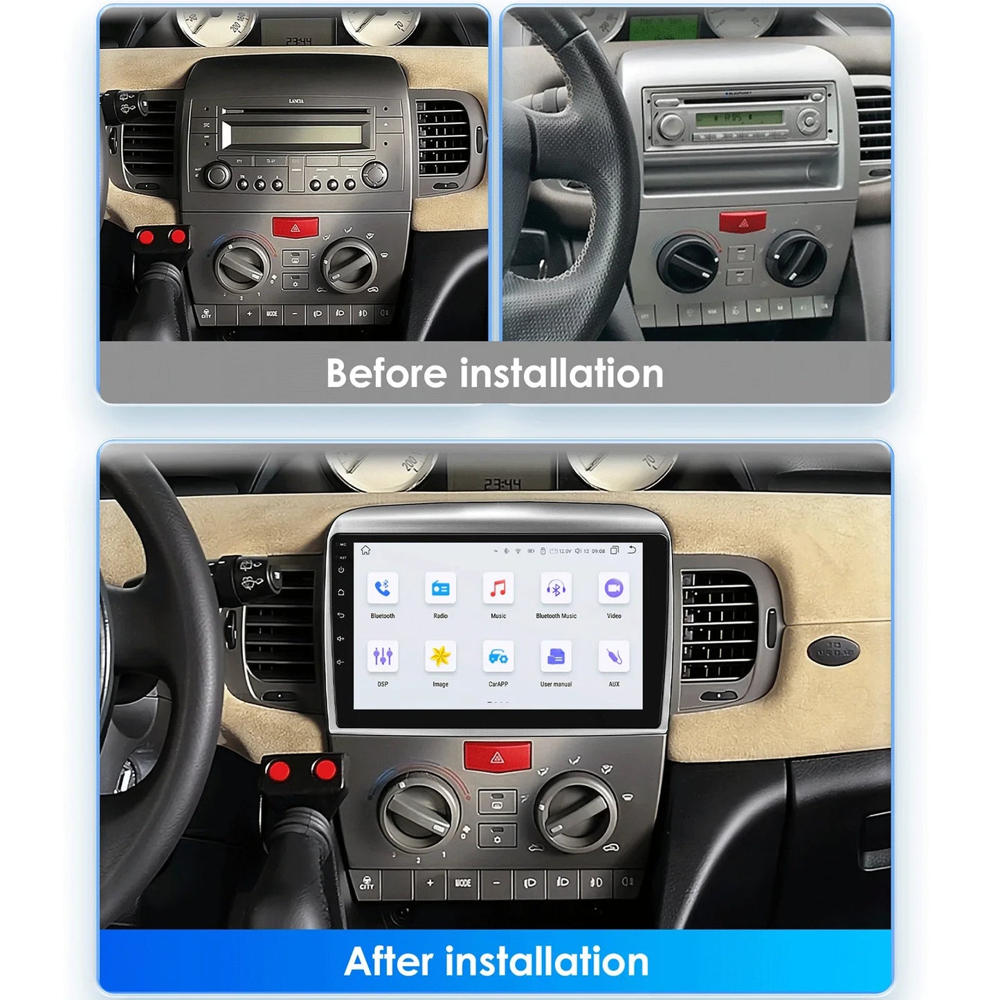Autoradio 9" 2DIN Android 13 para Lancia Ypsilon 2006-2011