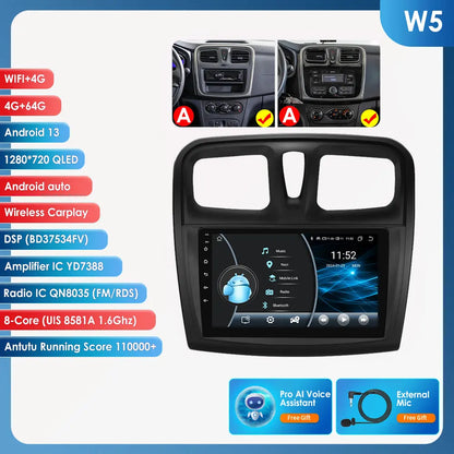 Autoradio 9" Android 13 for Dacia/Renault Logan 2 and Sandero 2012-2019, Multimedia GPS Stereo 4G, Carplay 2 Din