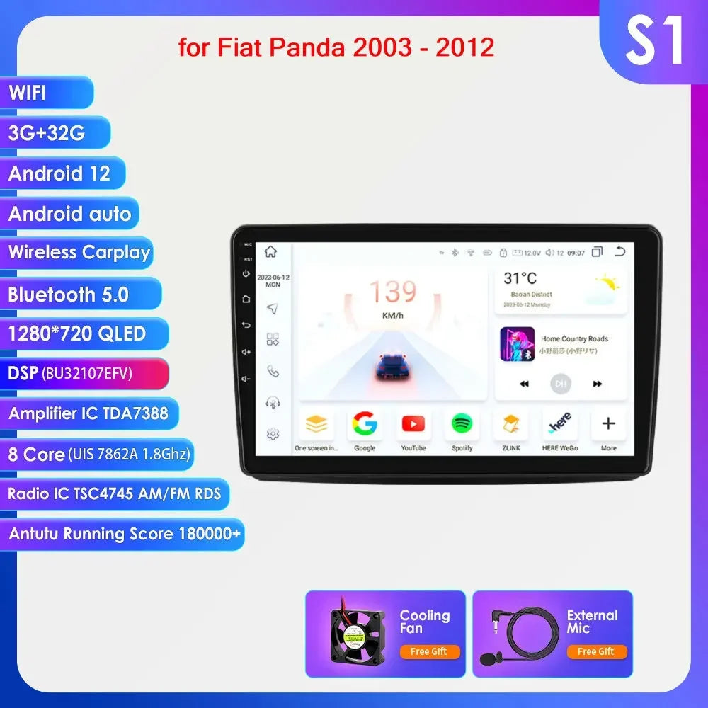 Autoradio GPS Android CarPlay da 9" per Fiat Panda 2003-2012