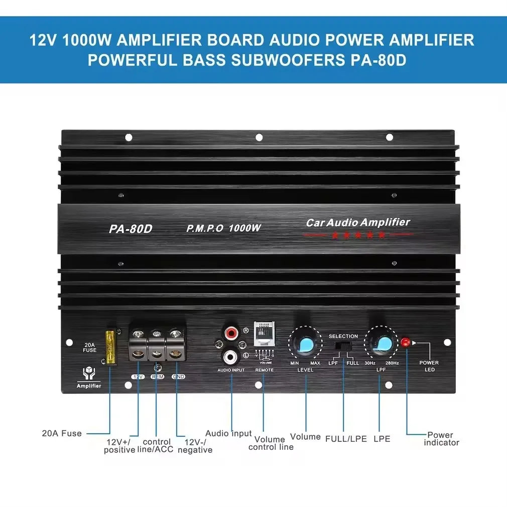 Amplificatore mono 1000W 12V PA-80D – Potente amplificatore subwoofer per auto