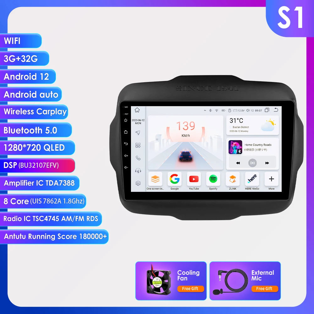 Autoradio 2DIN da 9" con Android 13 per Jeep Renegade 2016-2020